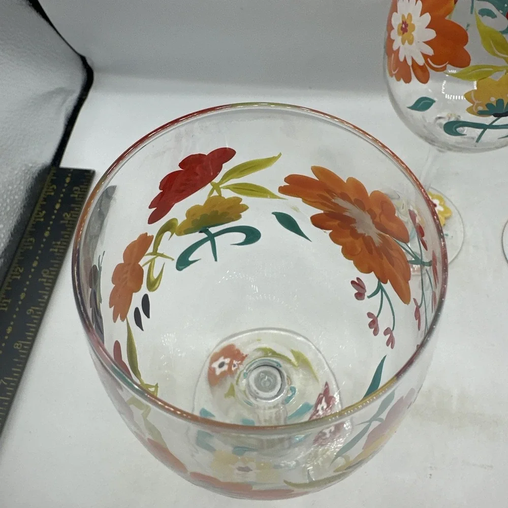 Pier 1 Hand Painted Spring Floral Wine Glasses (3) 9-1/2